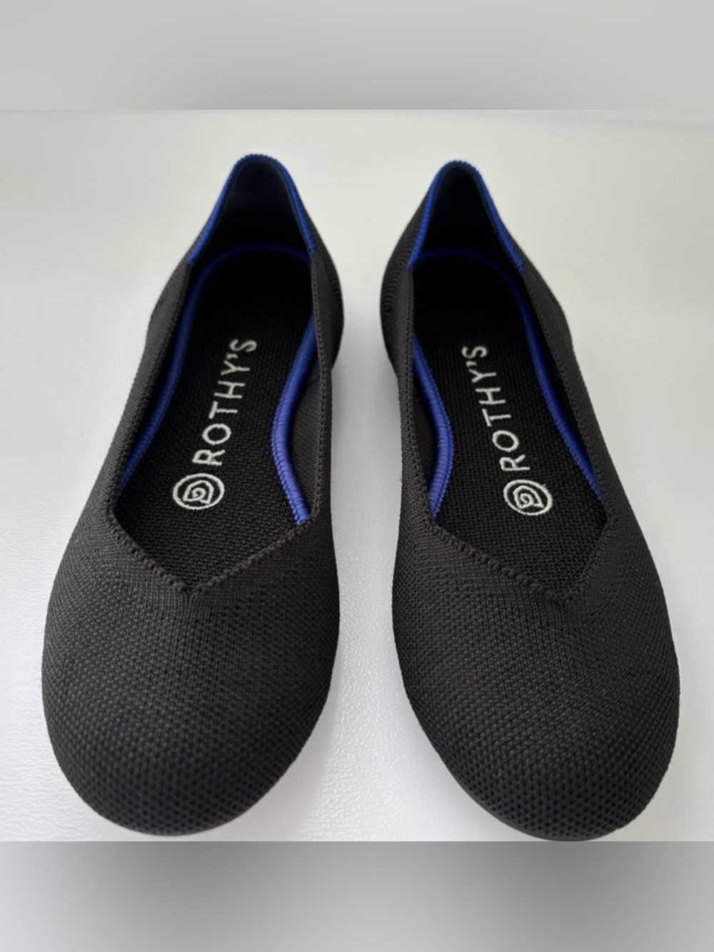 Rothy's Black Knit Ballet Flats with Royal Blue Trim